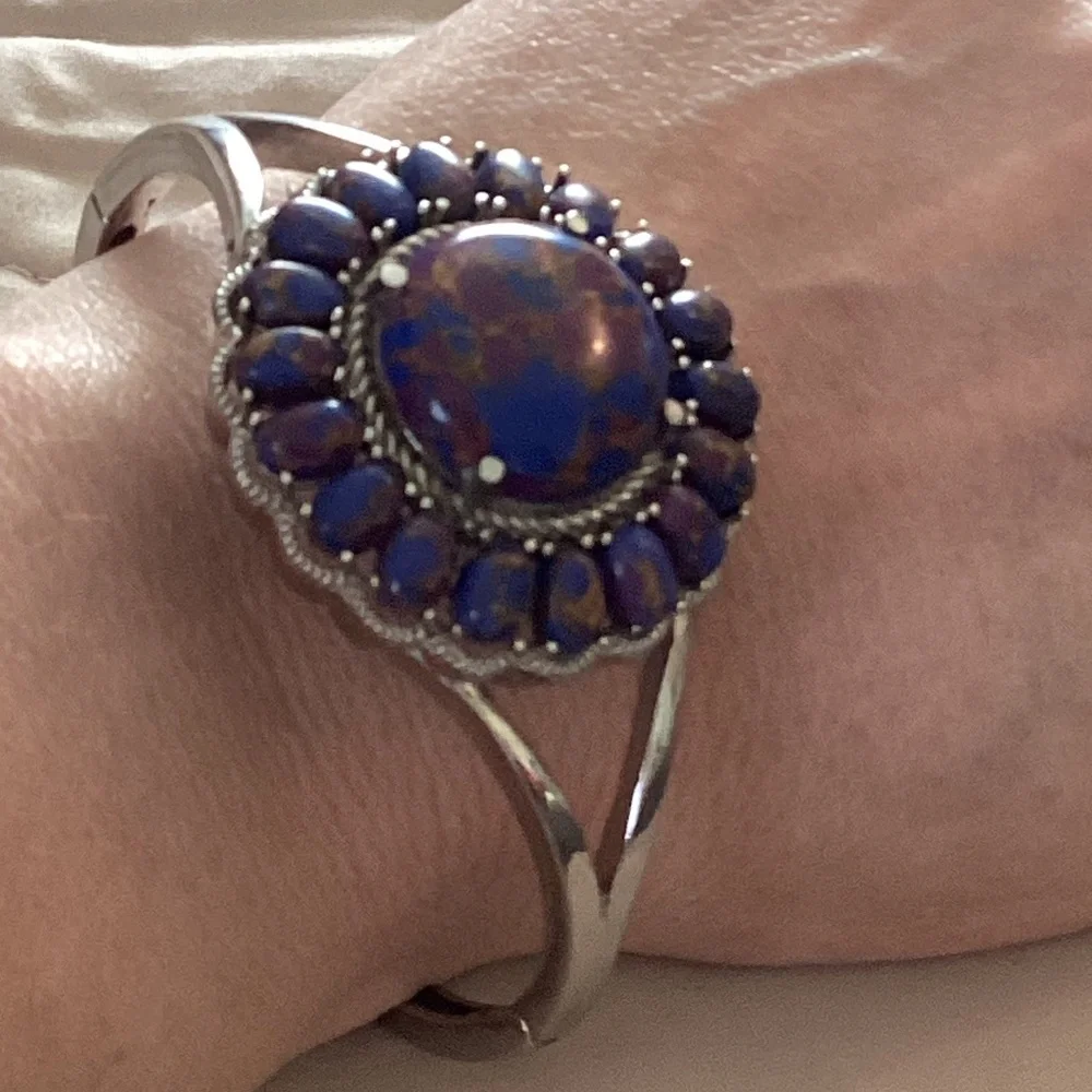 NWOT – Pure Stainless steel, Large round & oval Purple Dahlia bangle bracelet - Picture 2 of 16